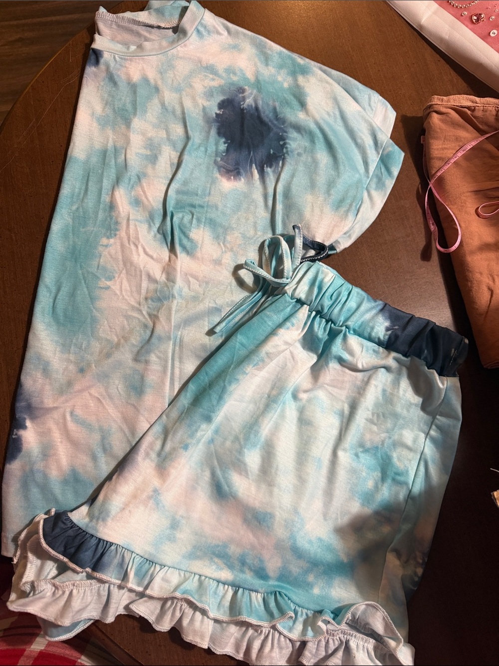Tie-Dye Blue & White Women’s Shirt & Shorts Set sz X-Large
